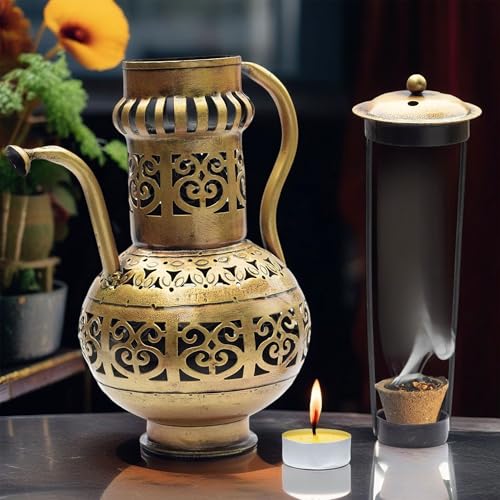 Traditional Tealight Holder & Sambrani Burner - Multi-Functional Metal Decor Piece for Home, Spiritual, Yoga, Meditation, Aromatherapy, Camphor, Dukhni Burning - 10x6.5 Inch (Surahi)