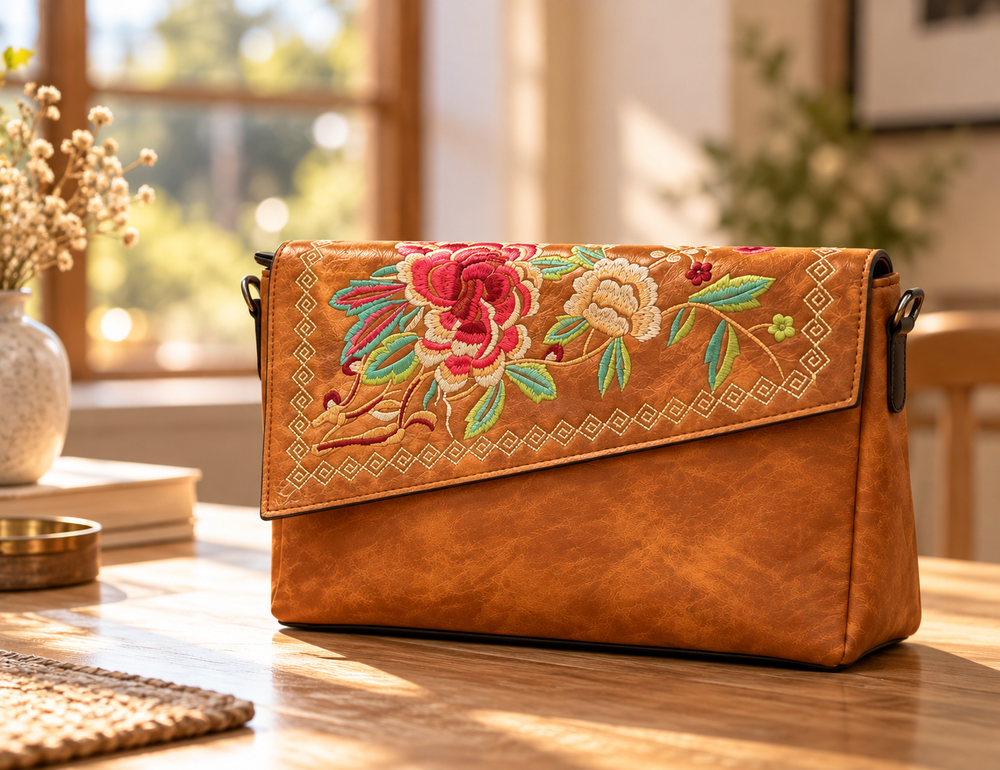 Vanity Facet Floral Sling Bag — Caramel Tan
