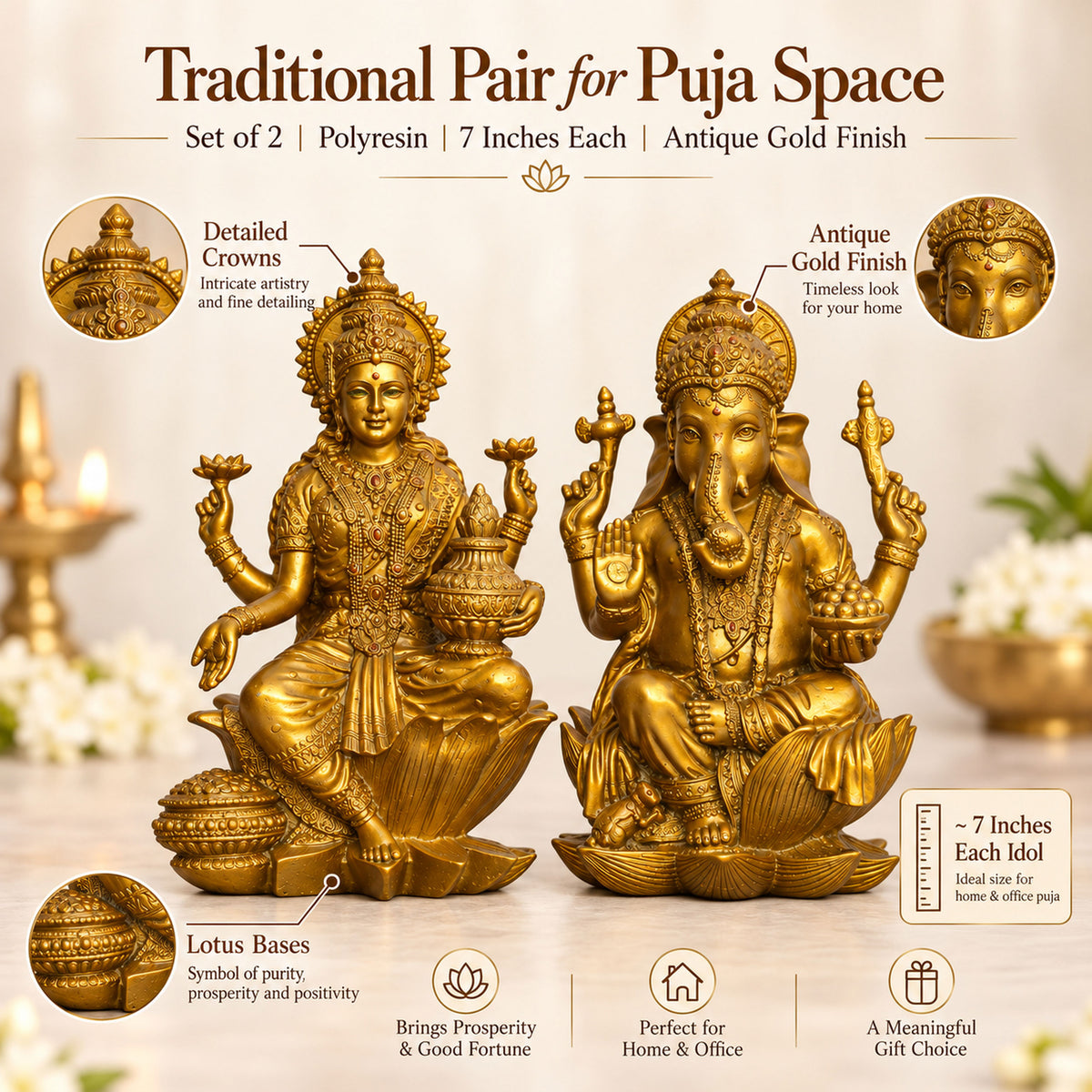 Lakshmi Ganesha Idol Set — Antique Gold