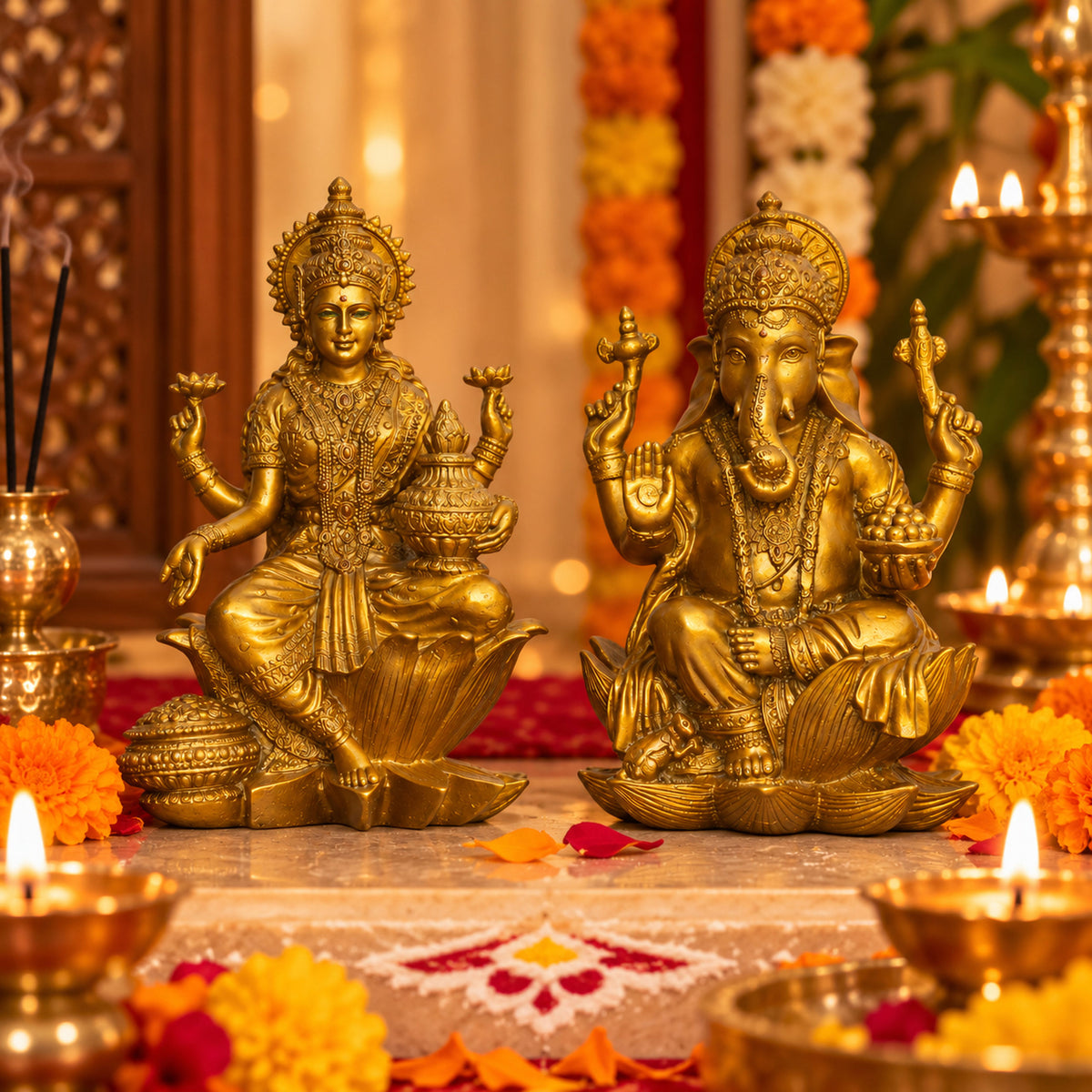 Lakshmi Ganesha Idol Set — Antique Gold