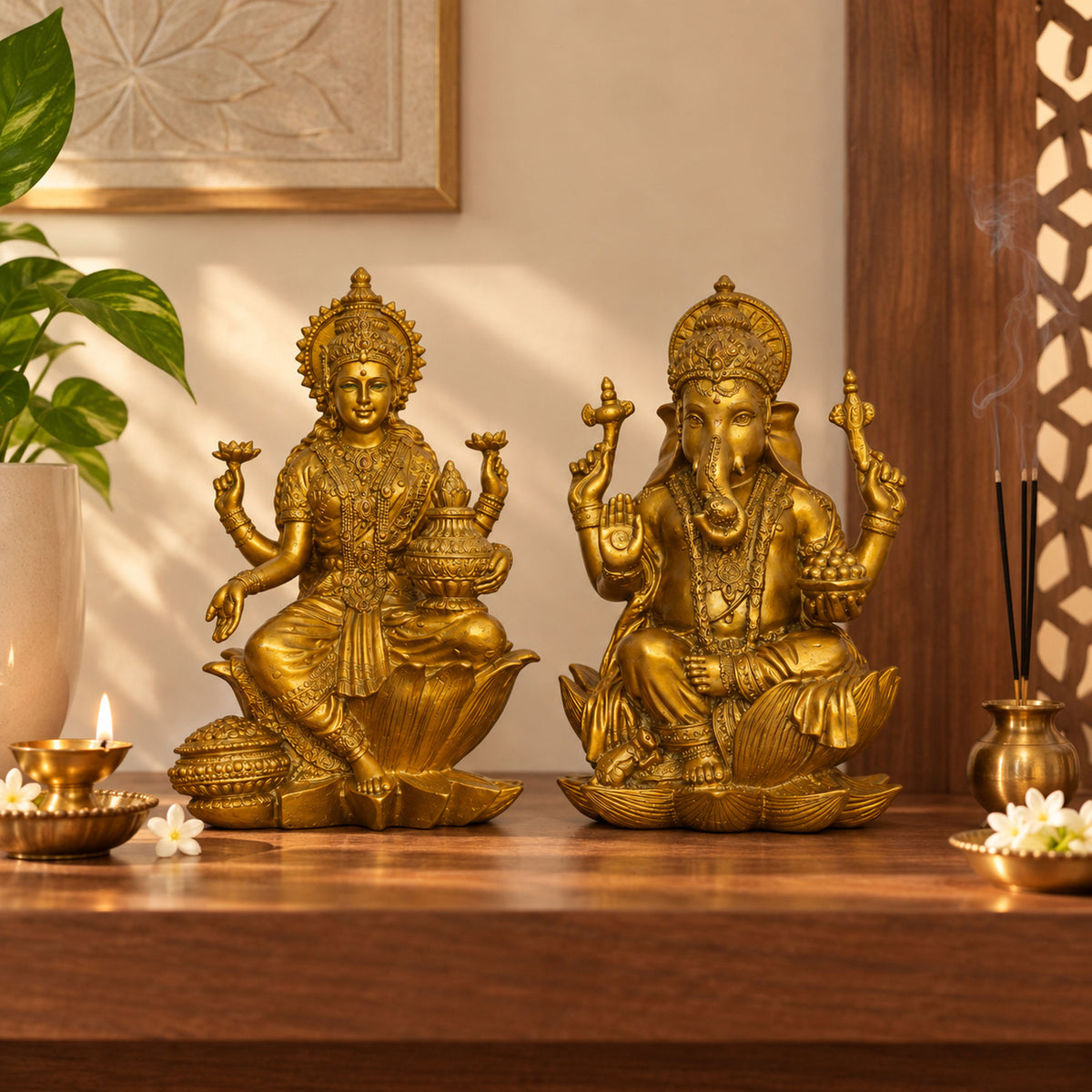 Lakshmi Ganesha Idol Set — Antique Gold
