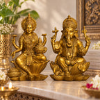 Antique Gold Laxmi Ganesh Idol Set of 2, Polyresin Murti, 7 Inch