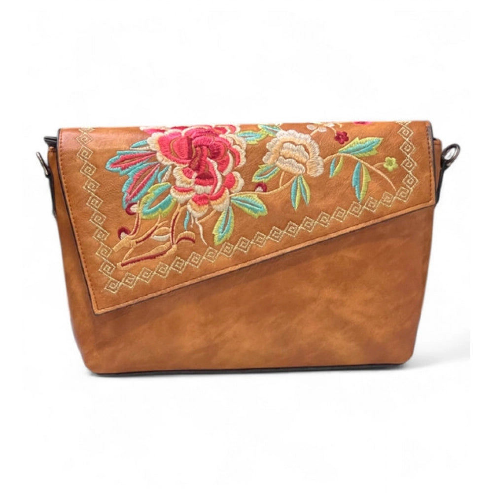 Vanity Facet Floral Sling Bag — Caramel Tan